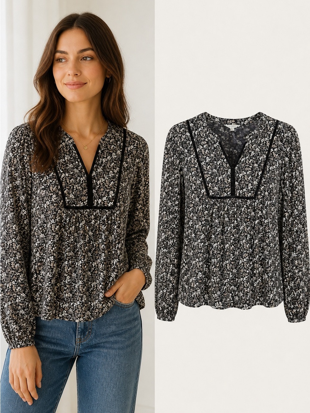 Lucky Brand | Black Floral Split Neck Cotton Blouse Boho Peasant Top | Size L